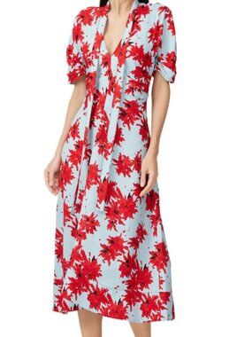Proenza Schouler Floral Neck Tie Dress Bold Print Blue Red Miid Length Size 0